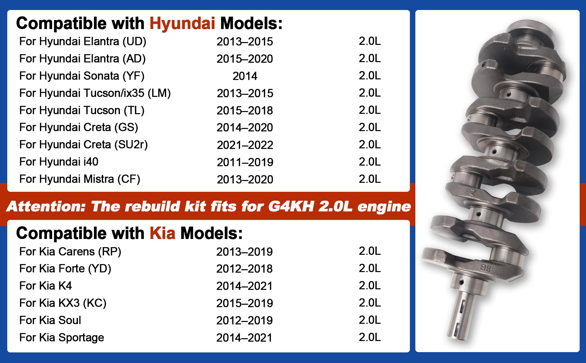 2.0L G4KH Turbo Engine Master Rebuild Kit w/ Crankshaft, Pistons, Rods, Valves & Gaskets for Hyundai Kia 2011-2022