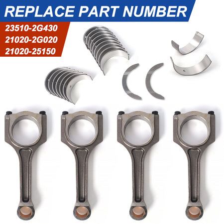 Btscar QZKIT-007-1 engine connecting rods and main bearings replacing OE 23510-2G430 for Hyundai Kia 2.0L G4KH turbo engines.