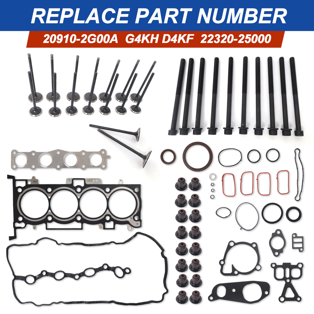 Btscar QZKIT-007-1 complete engine gasket set, head bolts, and valves replacing OE 20910-2G00A for 2.0L G4KH Hyundai Kia rebuilds.
