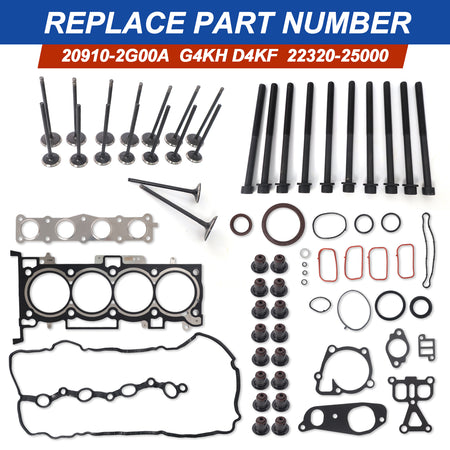 Btscar QZKIT-007-1 complete engine gasket set, head bolts, and valves replacing OE 20910-2G00A for 2.0L G4KH Hyundai Kia rebuilds.