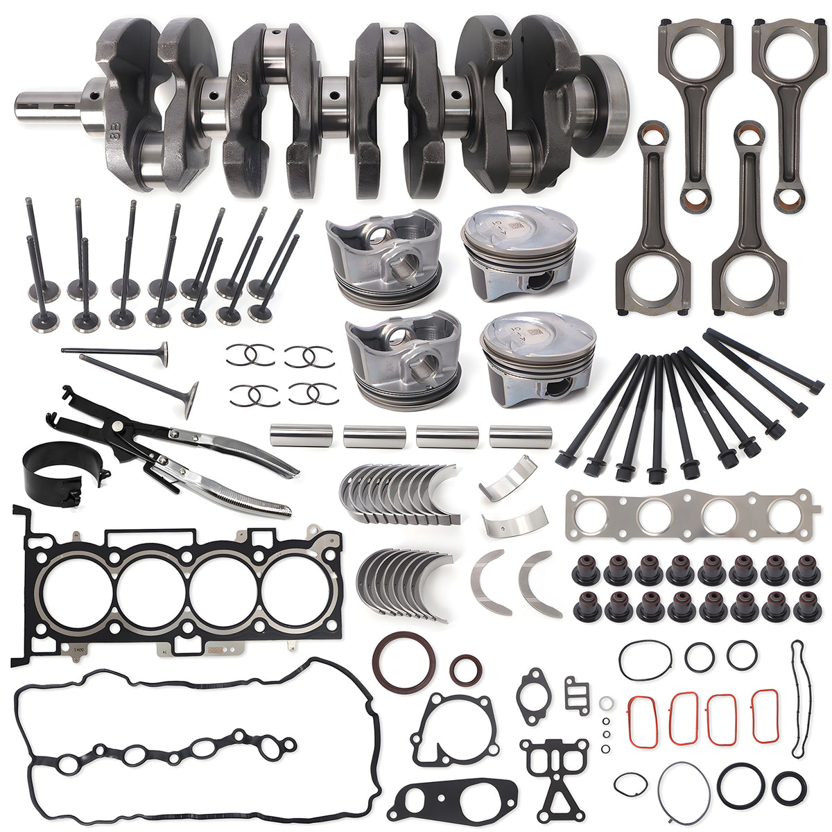 Btscar QZKIT-007-1 complete 2.0L G4KH turbo engine master rebuild kit featuring crankshaft, pistons, connecting rods, valves, and gaskets for Hyundai Kia.