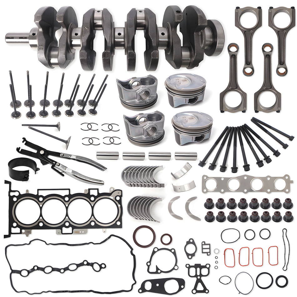 Btscar QZKIT-007-1 complete 2.0L G4KH turbo engine master rebuild kit featuring crankshaft, pistons, connecting rods, valves, and gaskets for Hyundai Kia.