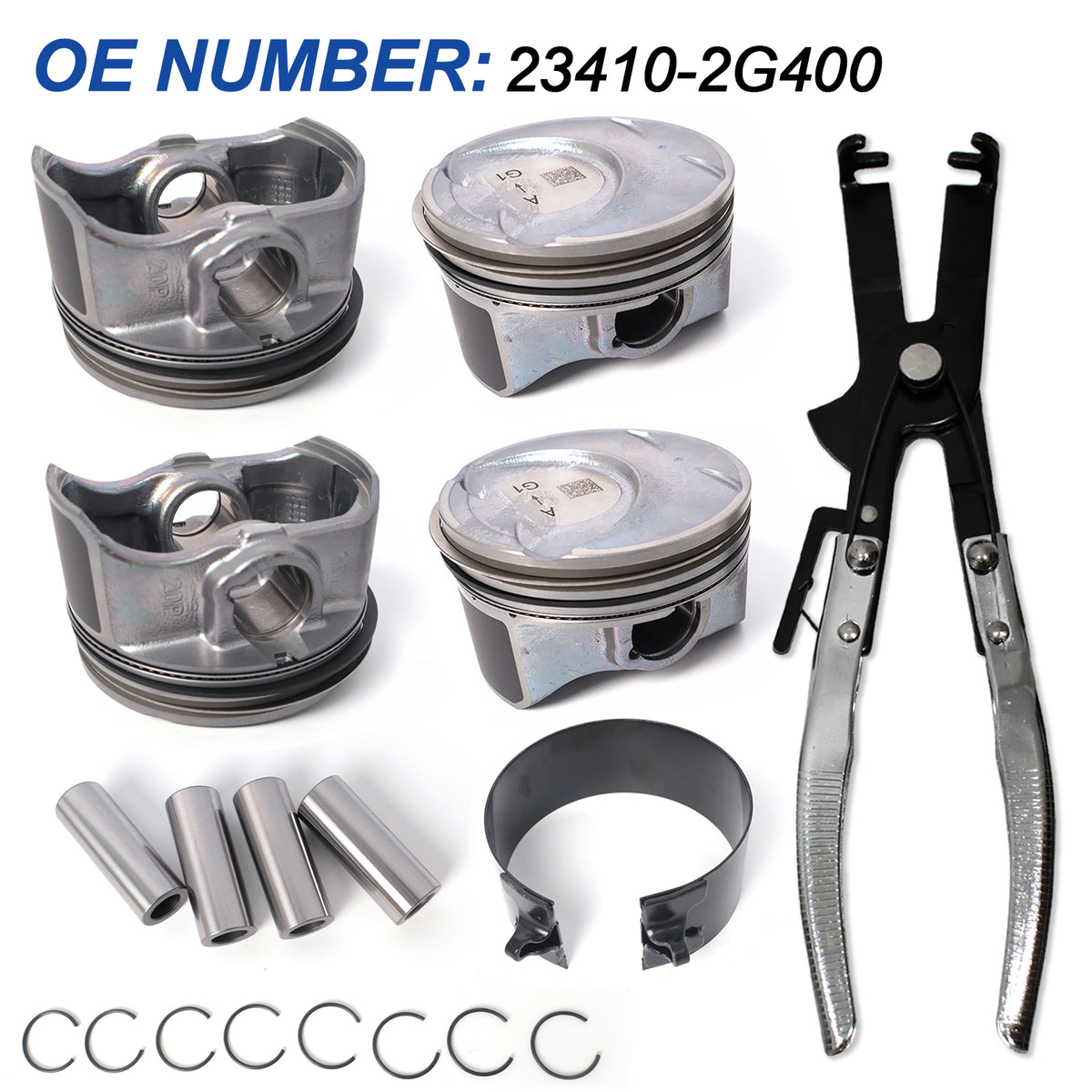 Btscar QZKIT-007-1 engine piston set replacing OE 23410-2G400, piston pins, and compressor calipers tool for 2.0L G4KH Hyundai Kia.