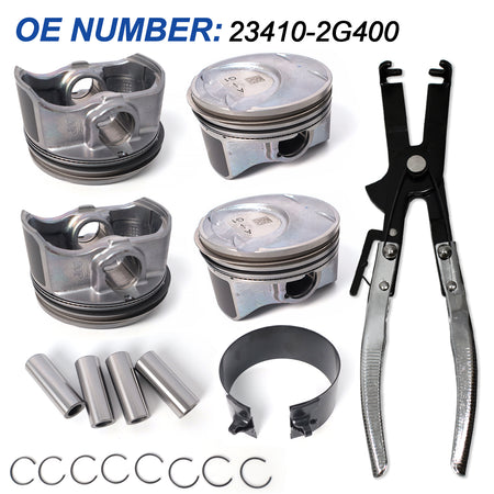 Btscar QZKIT-007-1 engine piston set replacing OE 23410-2G400, piston pins, and compressor calipers tool for 2.0L G4KH Hyundai Kia.