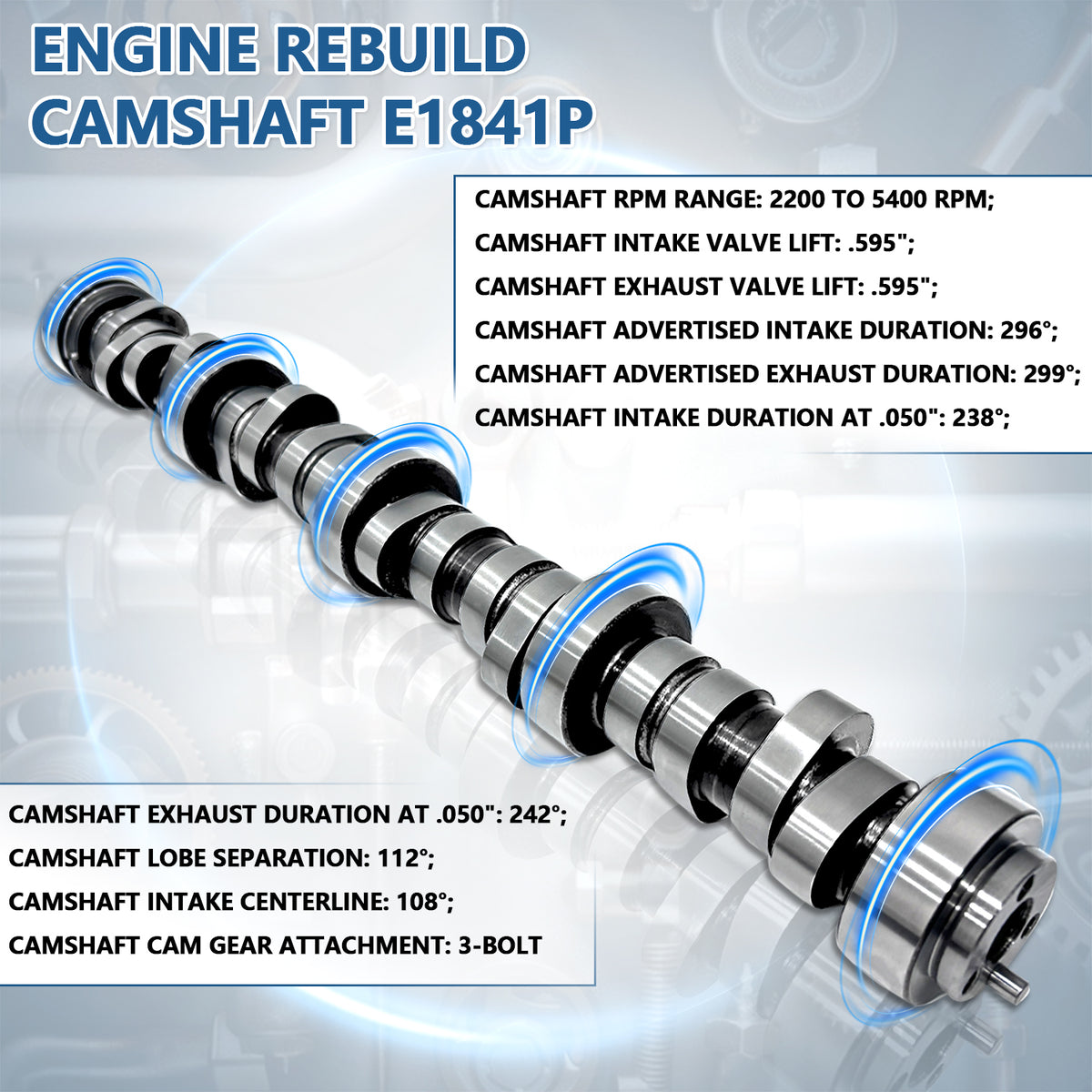 BTSCAR TLZKIT-009 Engine Rebuild E1841P Stage 3 Camshaft Specifications with 595 Lift and 112 Lobe Separation