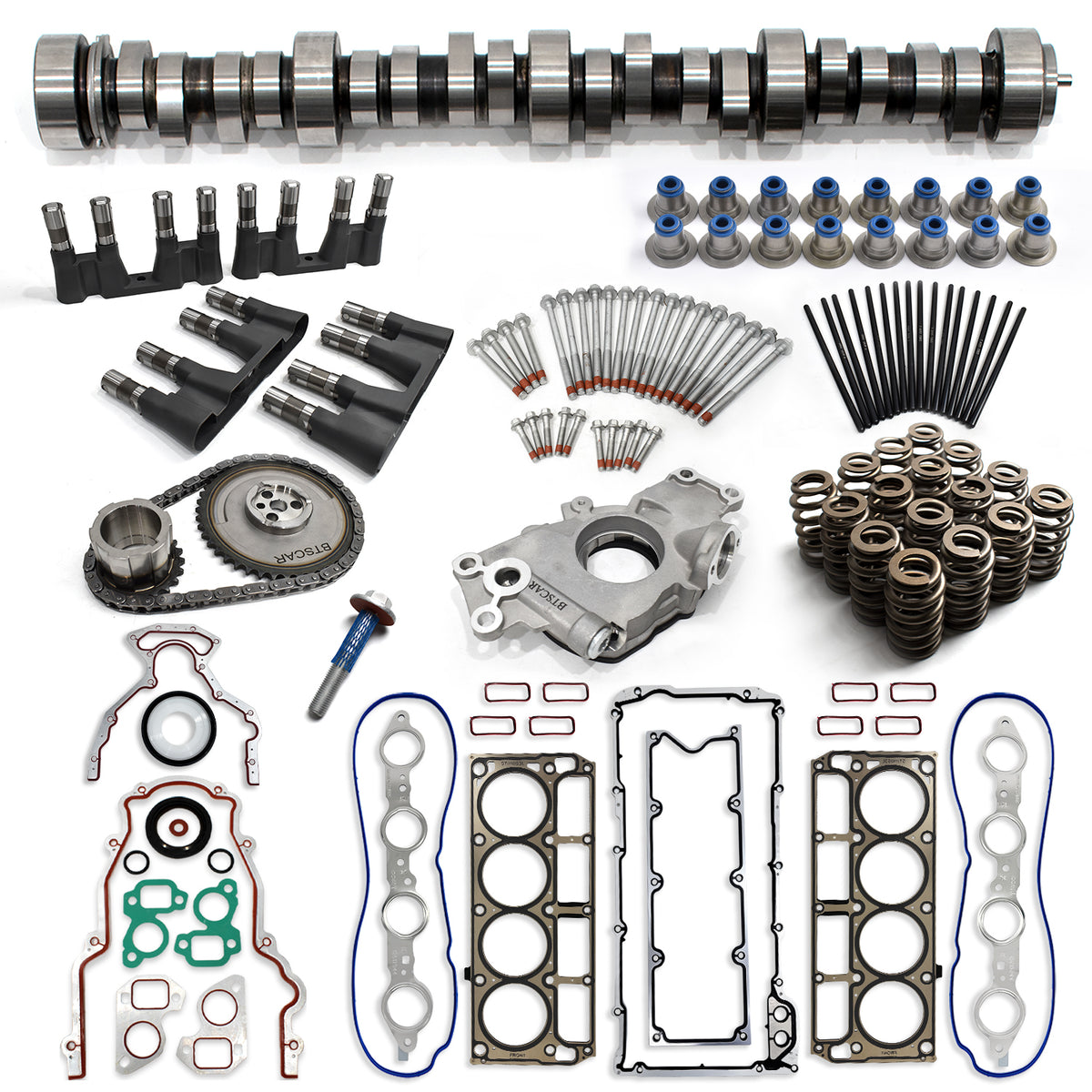 BTSCAR TLZKIT-010 Chevy GMC LS V8 Stage 3 Camshaft Kit with MLS Head Gaskets Timing Chain and Oil Pump Main Overview