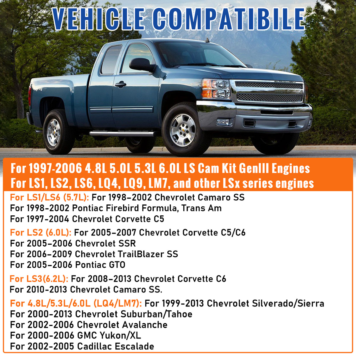 BTSCAR TLZKIT-011 LS V8 Cam Kit Gen 3 Engine Compatibility Chart for LS1 LS2 LS3 LS6 LQ4 LM7