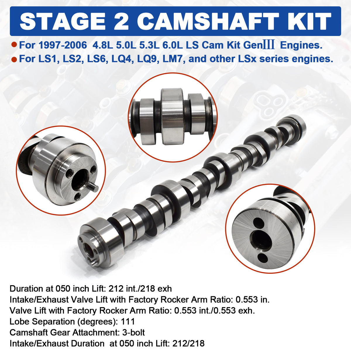 BTSCAR TLZKIT-012 Engine Rebuild Stage 2 Camshaft Specifications for LS1 LS2 LS6 LQ4 LQ9 LM7 Gen III Engines