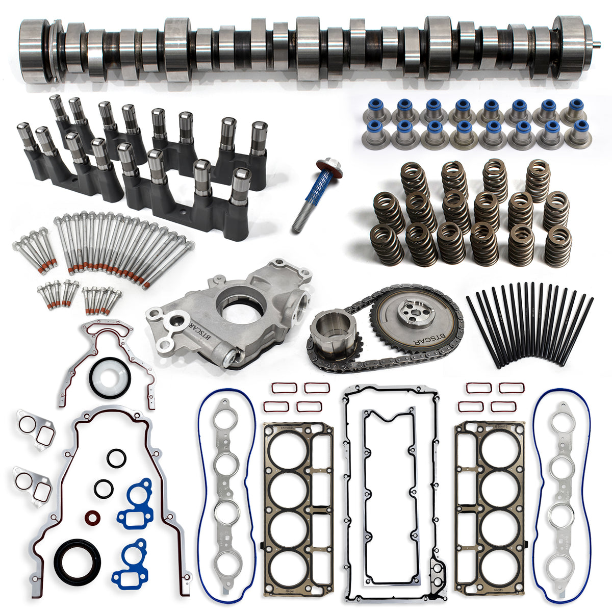 BTSCAR TLZKIT-015 Chevy GMC LS V8 Sloppy Stage 2 Camshaft Kit with MLS Head Gaskets Springs Lifters Oil Pump and Timing Chain Main Overview