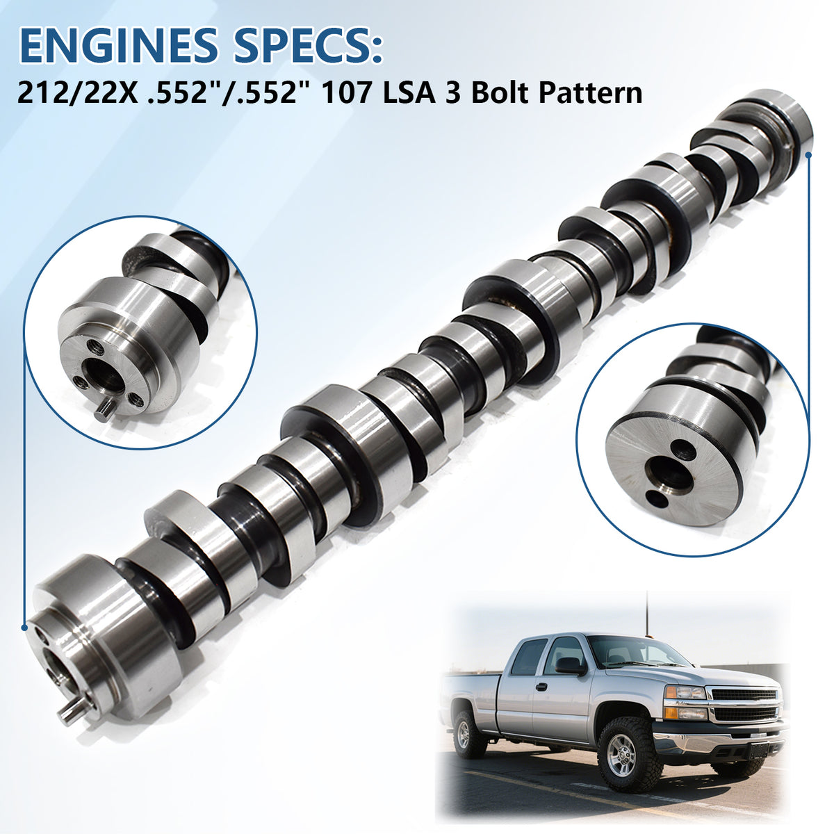 BTSCAR TLZKIT-021 Truck Camshaft Specifications with 552 Lift 212/22X Duration Detail Red SUV Background