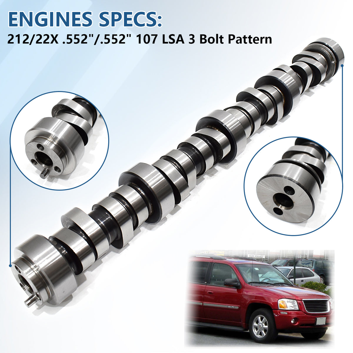 BTSCAR TLZKIT-024 Truck Camshaft Specifications with 552 Lift 212/22X Duration Detail Red SUV Background