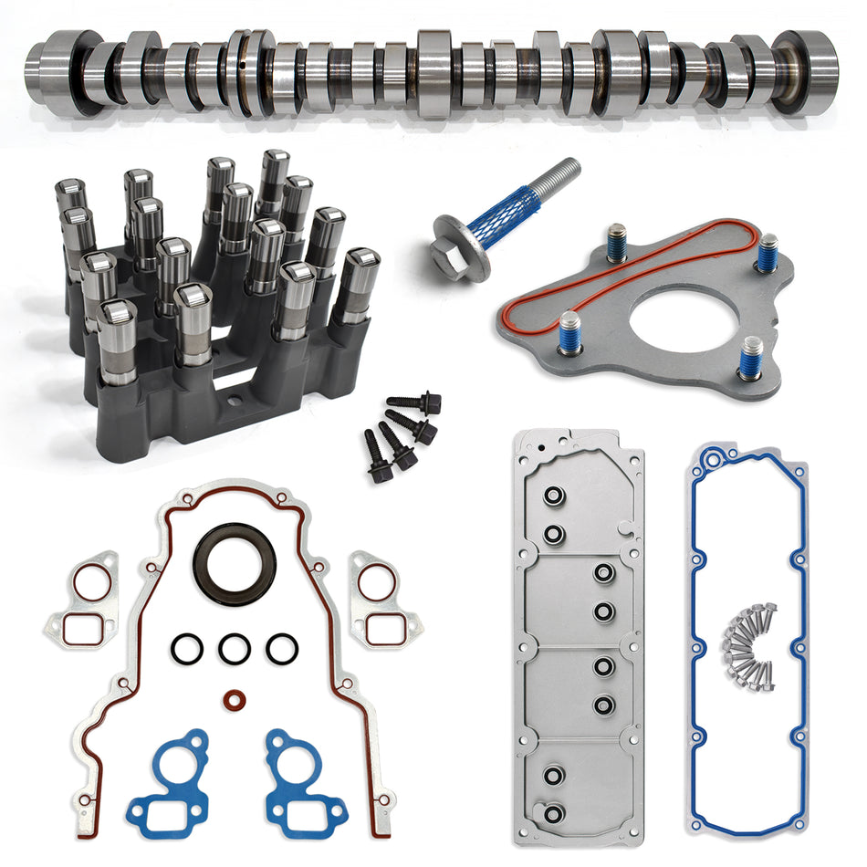 Btscar TLZKIT-028 complete AFM/DOD delete cam kit featuring camshaft, lifters, thrust plate, and valley cover kit for Chevy GMC 5.3L V8.