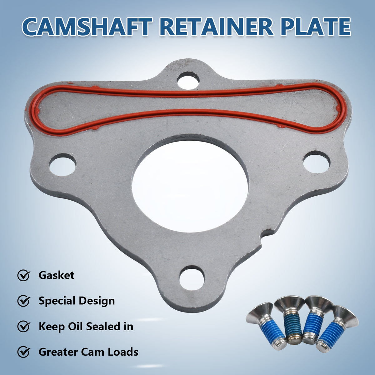 Btscar TLZKIT-028 camshaft retainer thrust plate with gasket and bolts, designed to keep oil sealed and handle greater cam loads.