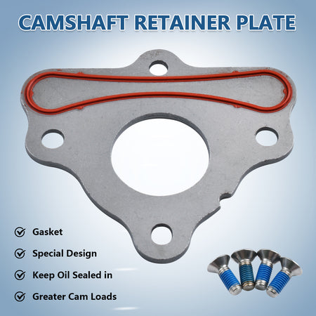 Btscar TLZKIT-028 camshaft retainer thrust plate with gasket and bolts, designed to keep oil sealed and handle greater cam loads.