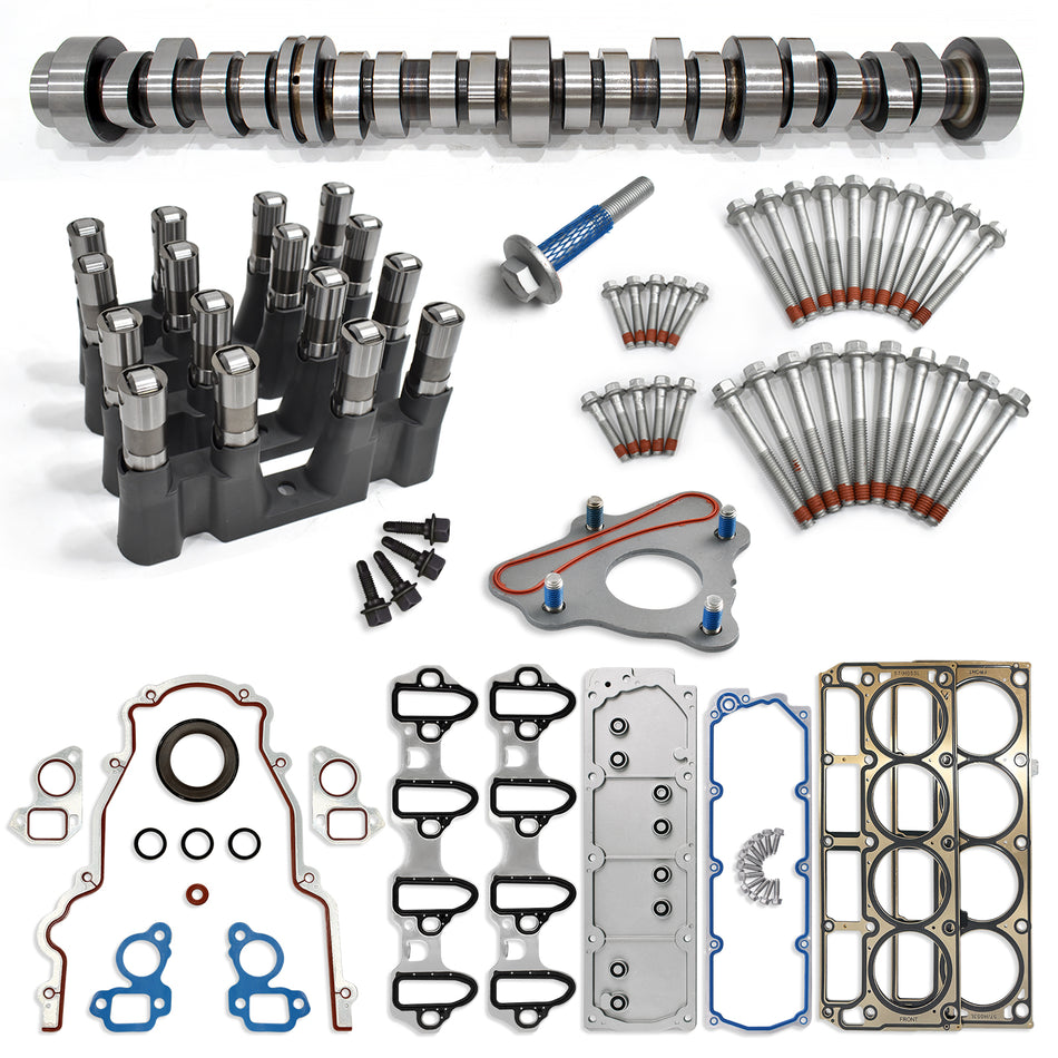 Btscar TLZKIT-029 complete AFM/DOD delete cam kit featuring camshaft, lifters, head gaskets, and thrust plate for Chevy GMC 5.3L V8.