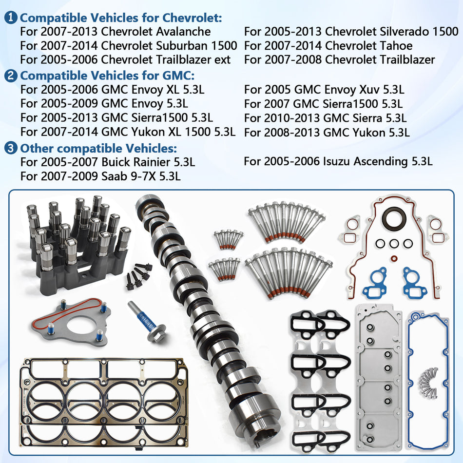 Btscar TLZKIT-029 AFM delete cam kit compatible vehicles list for 2005-2014 Chevy Silverado, Suburban, GMC Sierra, and Yukon 5.3L.