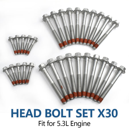 Btscar TLZKIT-029 cylinder head bolt set with 30 pieces designed for secure fitting on Chevy GMC 5.3L V8 engine blocks.