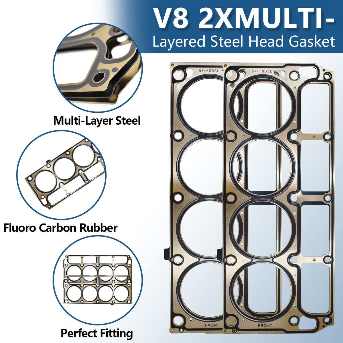 Btscar TLZKIT-029 V8 2x multi-layered steel head gaskets with fluoro carbon rubber for perfect fitting on Chevy 5.3L engines.