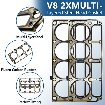 Btscar TLZKIT-029 V8 2x multi-layered steel head gaskets with fluoro carbon rubber for perfect fitting on Chevy 5.3L engines.