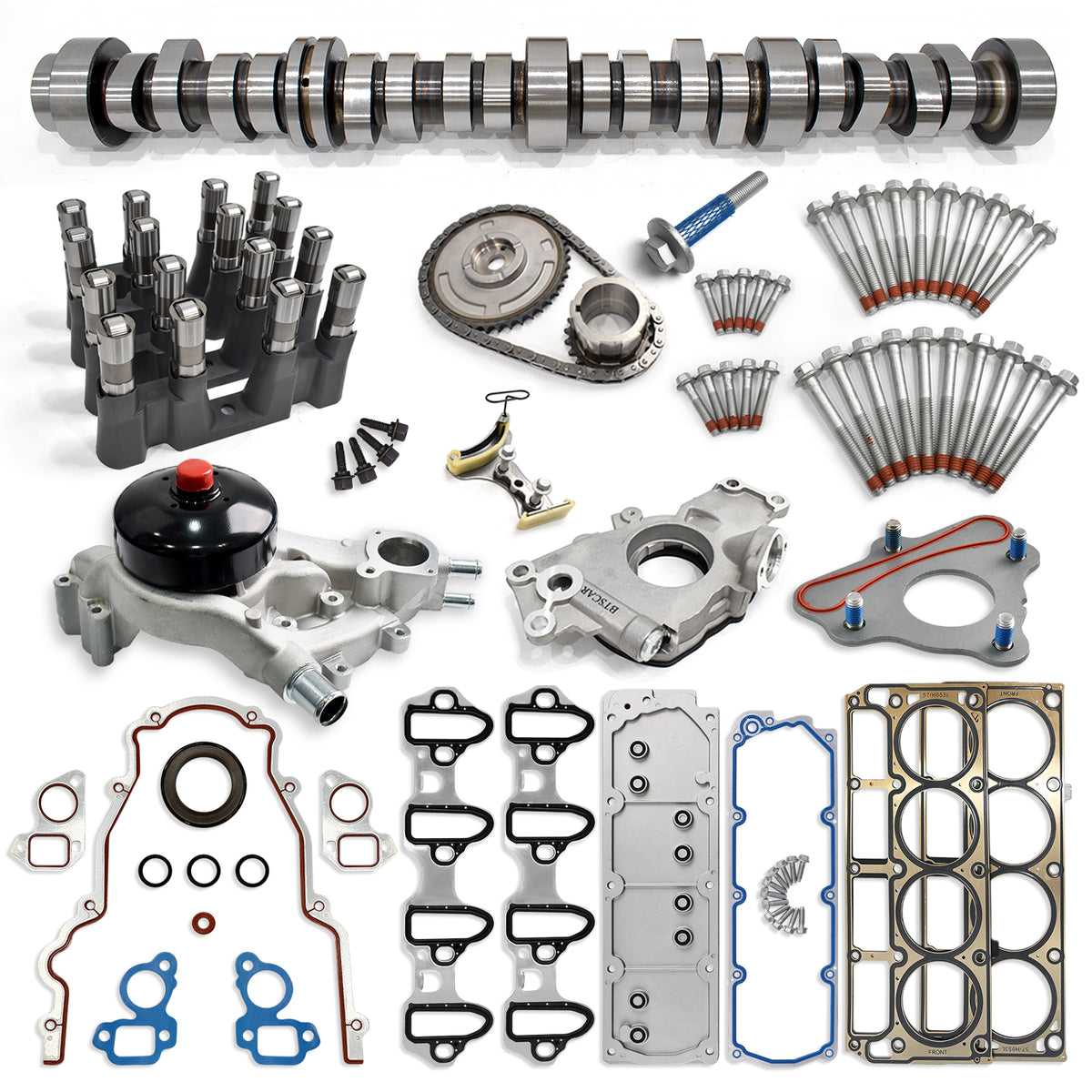 Btscar TLZKIT-030 complete AFM/DOD delete camshaft kit featuring camshaft, lifters, head gaskets, timing chain, oil and water pump for Chevy GMC 5.3L V8.