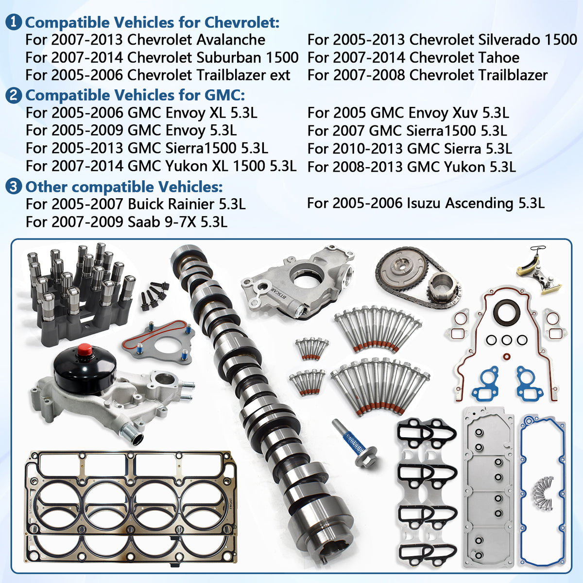 Btscar TLZKIT-030 AFM delete camshaft kit compatible vehicles list for 2005-2014 Chevy Silverado, Tahoe, GMC Sierra, and Yukon 5.3L.