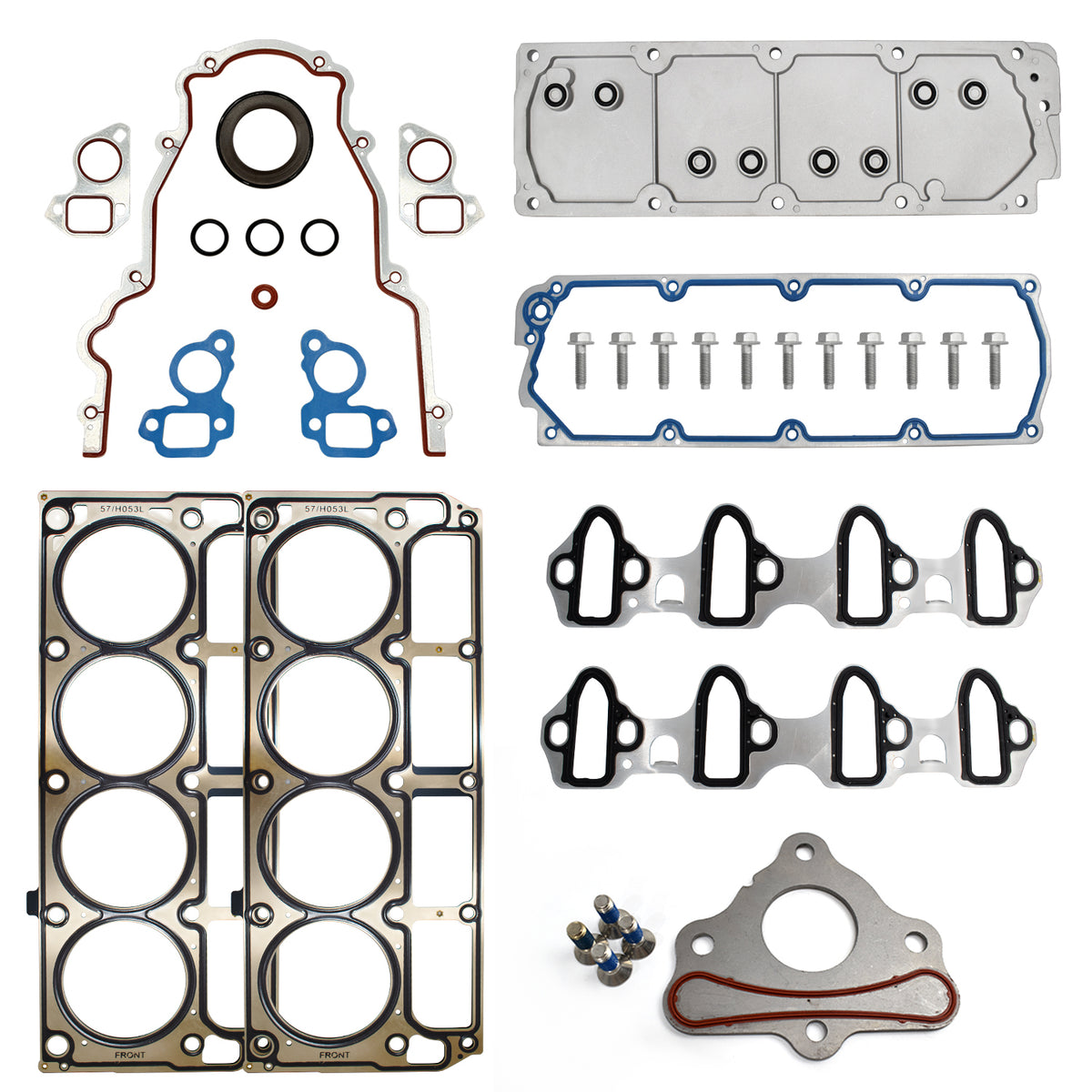 Btscar TLZKIT-030 comprehensive engine gasket set including timing cover, valve cover, and manifold gaskets with bolts for 5.3L V8 rebuilds.