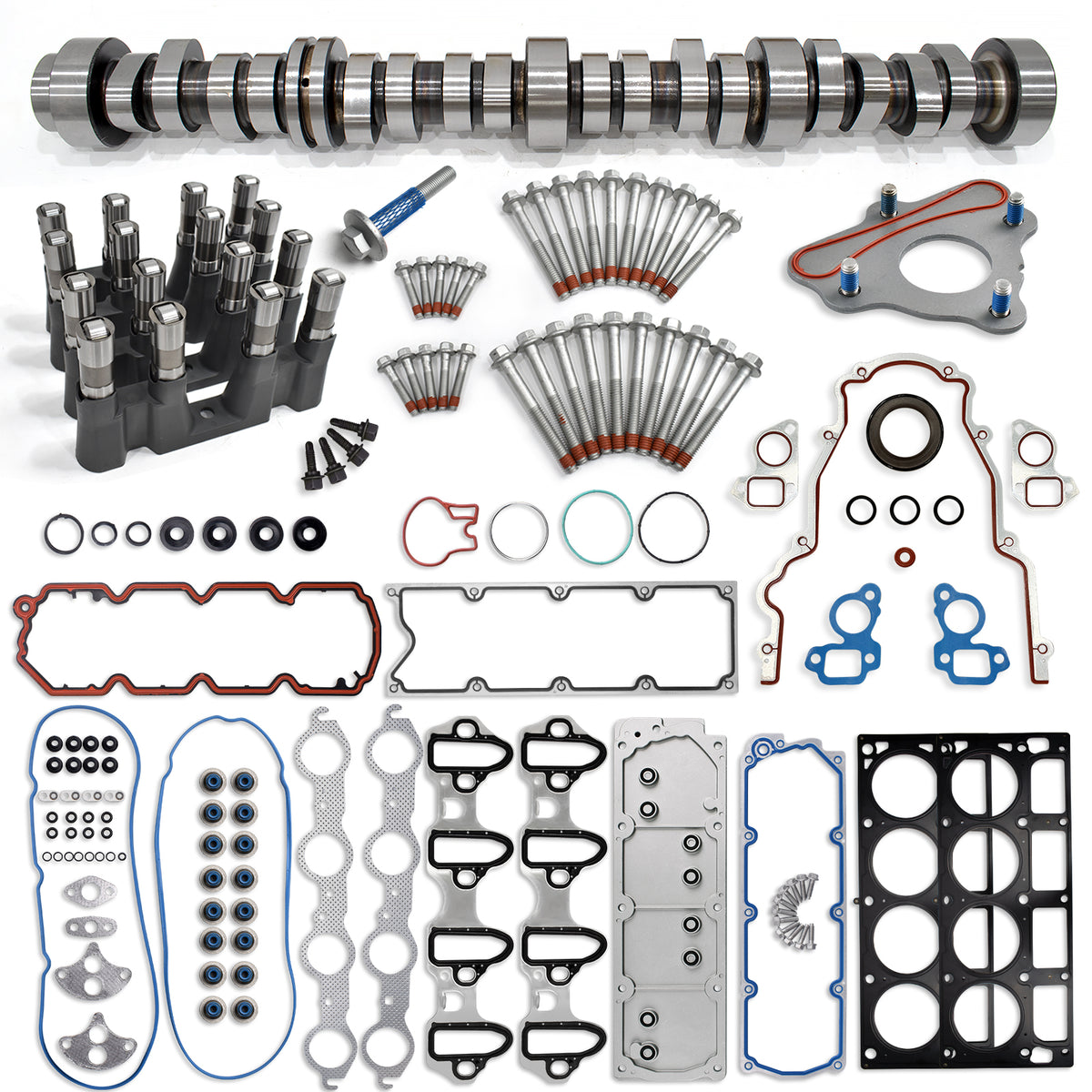 Btscar TLZKIT-031 complete AFM/DOD delete cam kit featuring camshaft, lifters, head gaskets, and valley cover for Chevy GMC 5.3L V8.