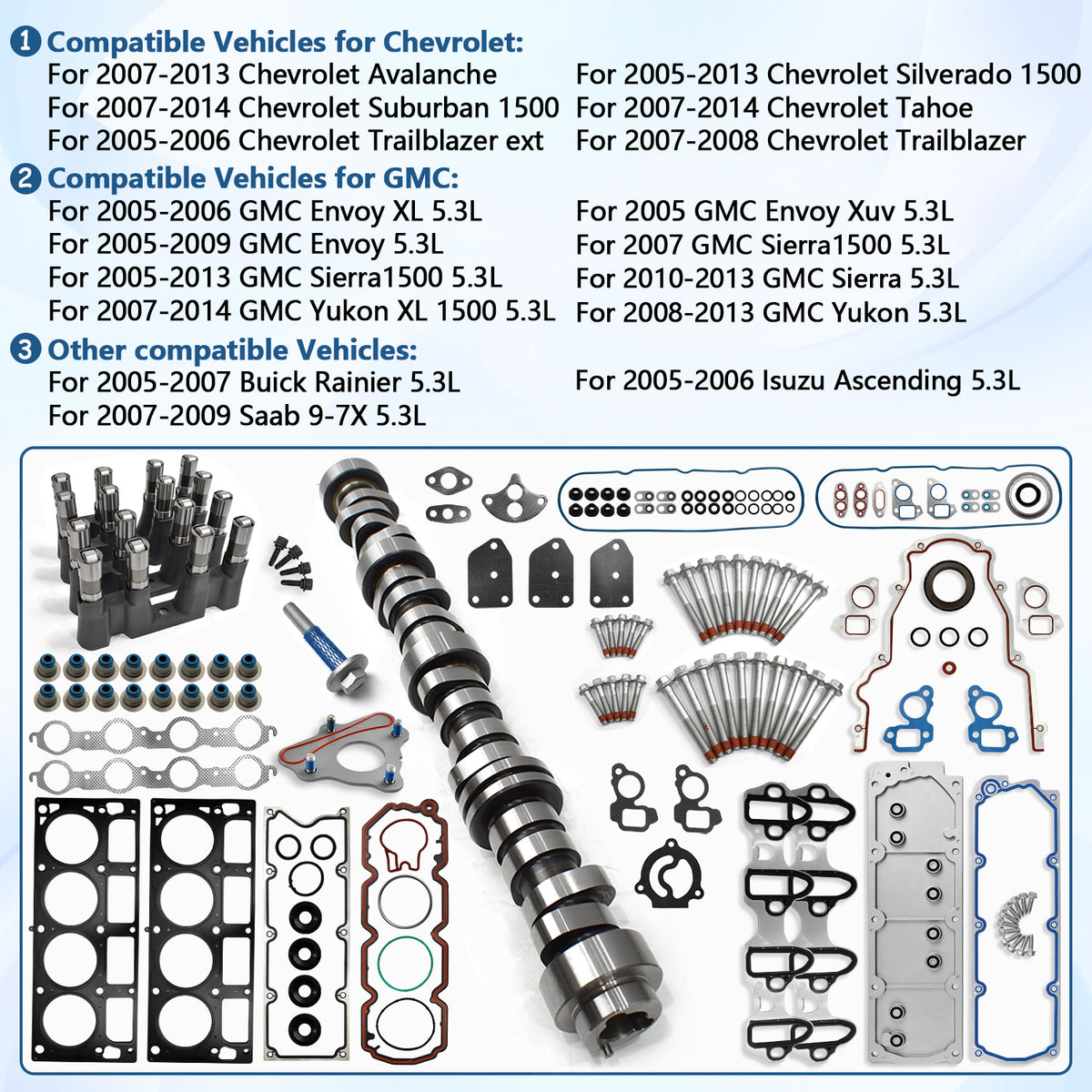 Btscar TLZKIT-031 AFM delete cam kit compatible vehicles list for 2005-2014 Chevy Silverado, Suburban, GMC Sierra, and Yukon 5.3L.