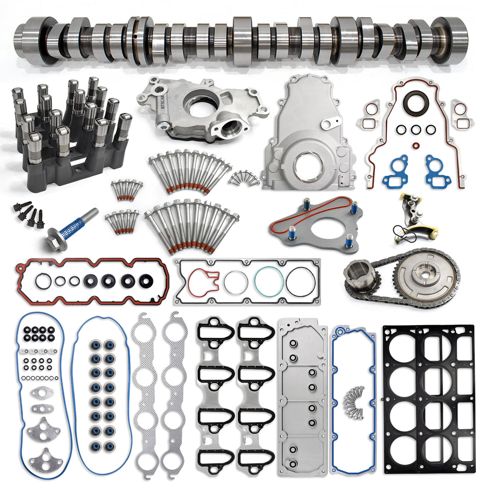 Btscar TLZKIT-032 complete AFM/DOD delete camshaft kit featuring camshaft, lifters, head gaskets, and 3-bolt timing chain for Chevy GMC 5.3L V8.