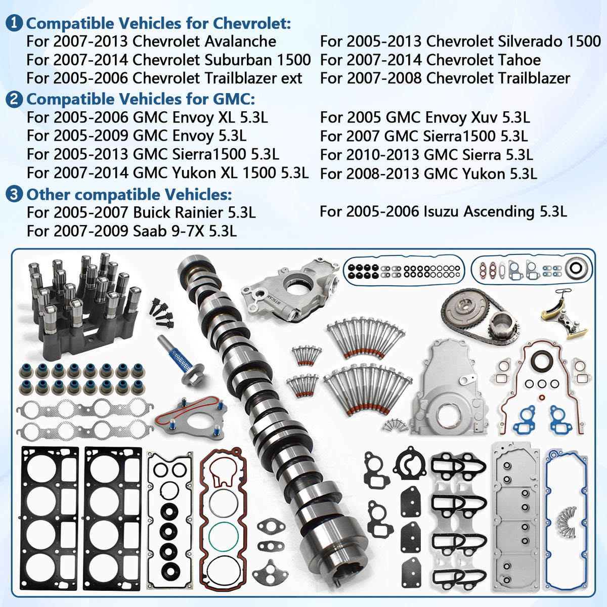 Btscar TLZKIT-032 AFM delete camshaft kit compatible vehicles list for 2005-2014 Chevy Silverado, Suburban, GMC Sierra, and Yukon 5.3L.