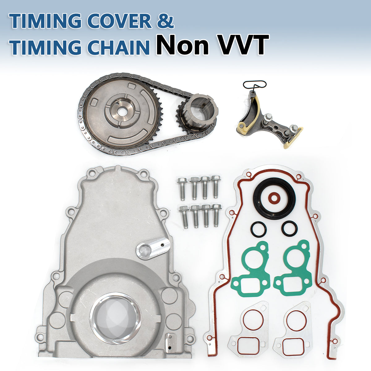 Btscar TLZKIT-032 front view of non-VVT timing cover, 3-bolt timing chain, and installation bolts for 5.3L V8 AFM delete.