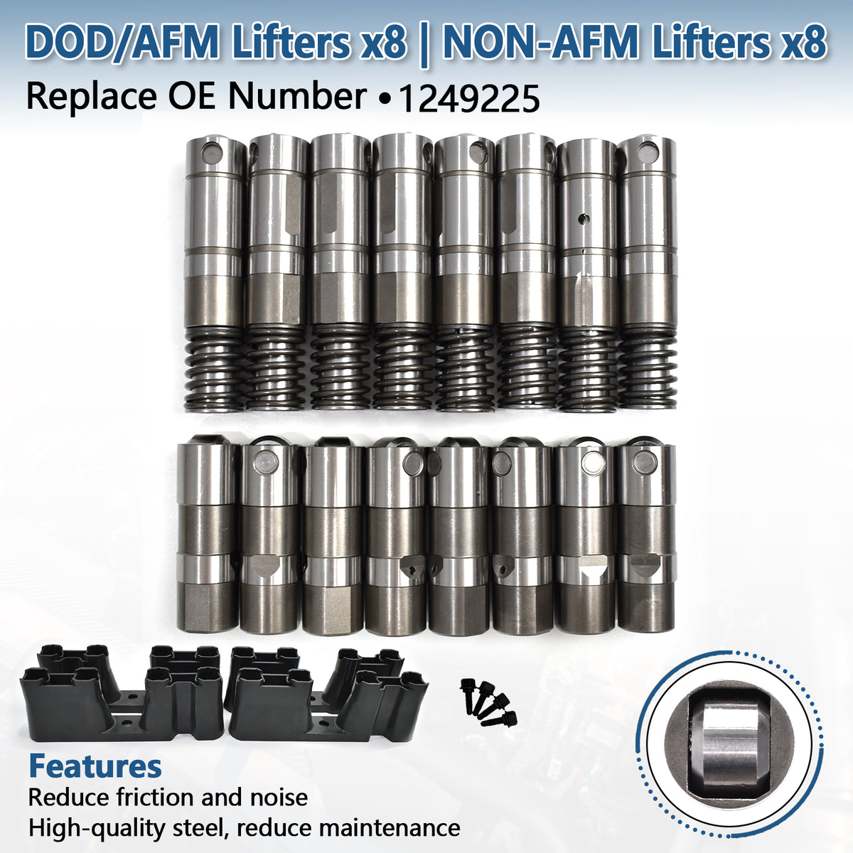 Btscar TLZKIT-034 8x DOD/AFM lifters and 8x non-AFM lifters with guide trays, replacing OE 1249225 for 6.2L V8 engines.