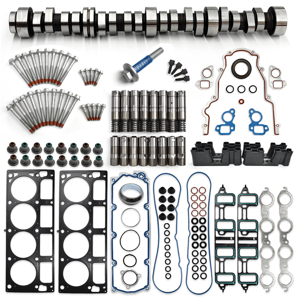 Btscar TLZKIT-034 complete 6.2L V8 AFM/DOD replacement camshaft kit featuring lifters, head gaskets, and bolts for Chevy GMC.