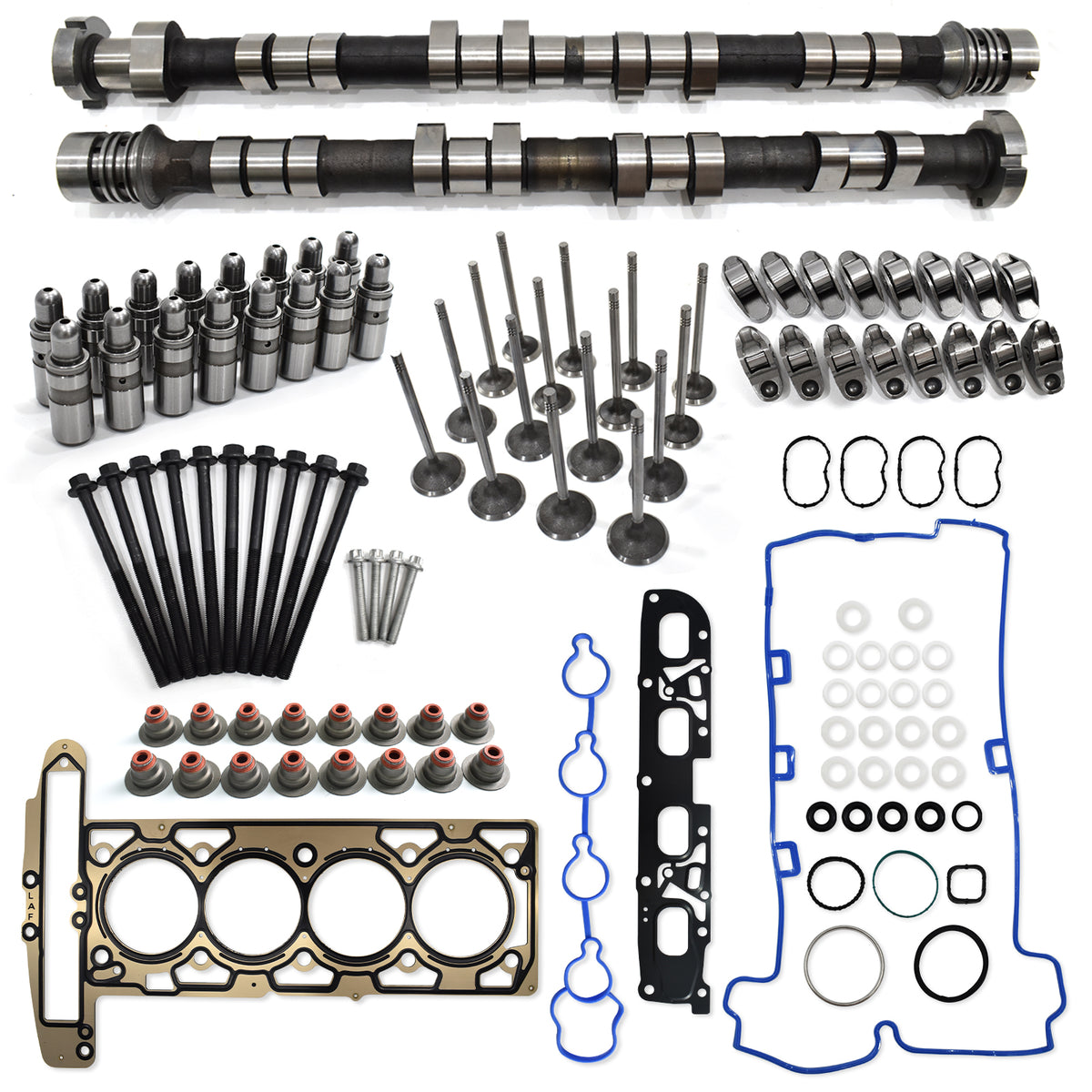 Btscar TLZKIT-037 complete 2.4L Ecotec camshaft kit featuring intake and exhaust valves, lifters, rocker arms, and head gasket set.