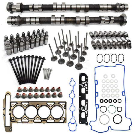 Btscar TLZKIT-037 complete 2.4L Ecotec camshaft kit featuring intake and exhaust valves, lifters, rocker arms, and head gasket set.