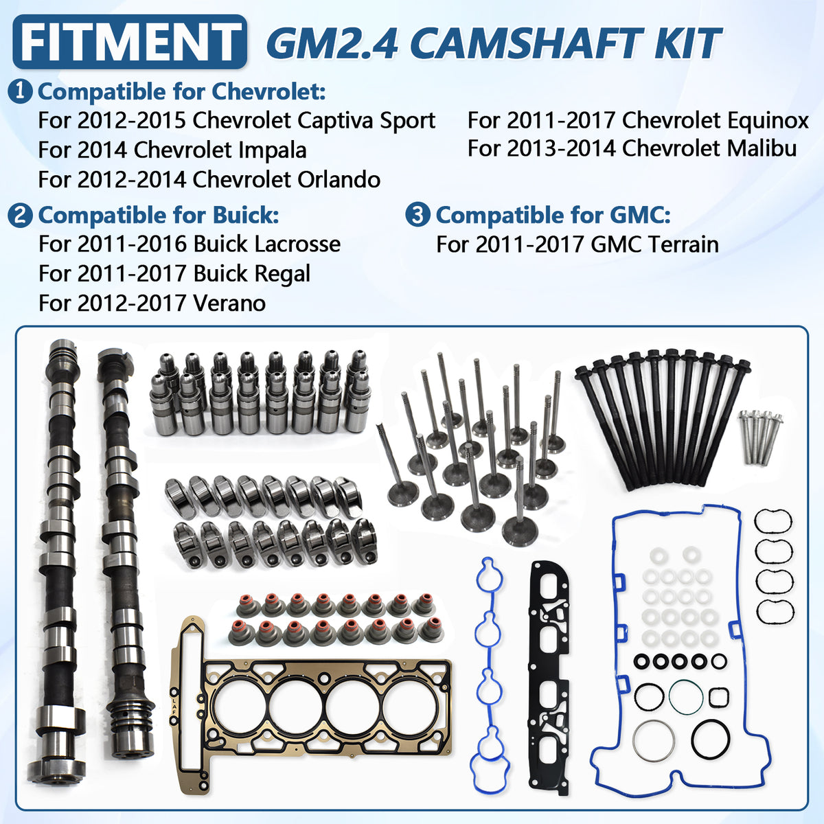 Btscar TLZKIT-037 GM 2.4L camshaft kit compatible vehicles list for Chevy Equinox, Malibu, Buick Regal, Verano, and GMC Terrain.