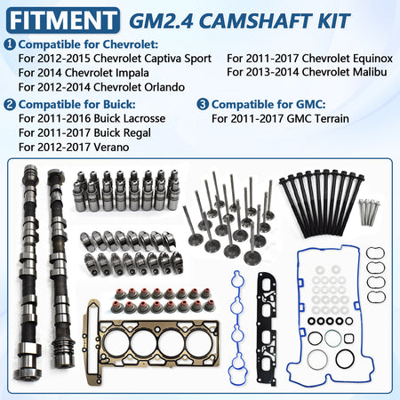 Btscar TLZKIT-037 GM 2.4L camshaft kit compatible vehicles list for Chevy Equinox, Malibu, Buick Regal, Verano, and GMC Terrain.