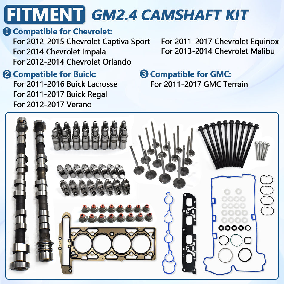 Btscar TLZKIT-037 GM 2.4L camshaft kit compatible vehicles list for Chevy Equinox, Malibu, Buick Regal, Verano, and GMC Terrain.