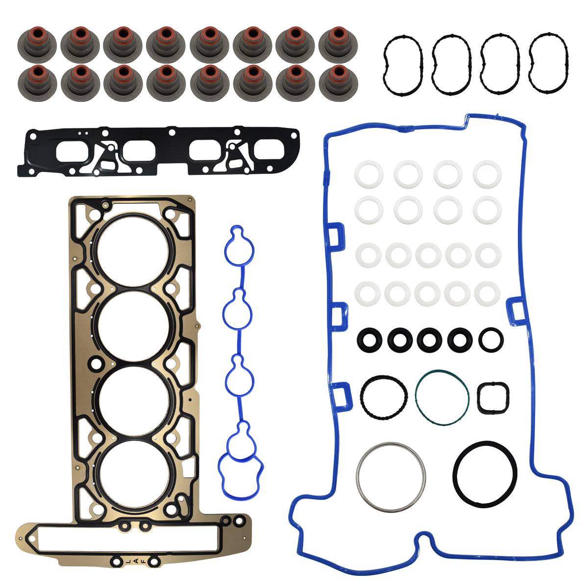 Btscar TLZKIT-037 comprehensive engine gasket set including head gasket, valve cover seals, and manifold gaskets for 2.4L rebuilds.