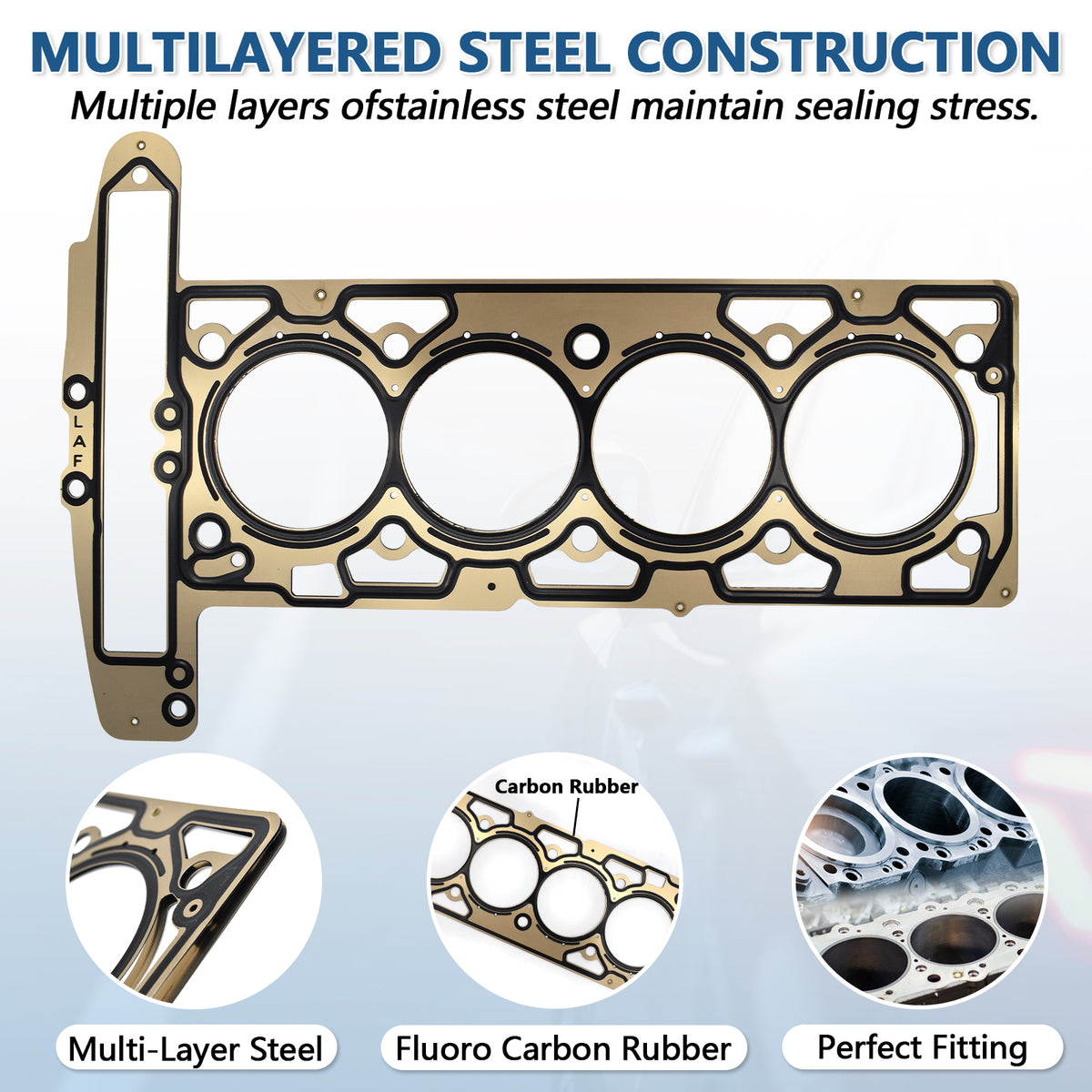 Btscar TLZKIT-037 multi-layered steel head gasket with fluoro carbon rubber for perfect fitting on GM 2.4L Ecotec engines.