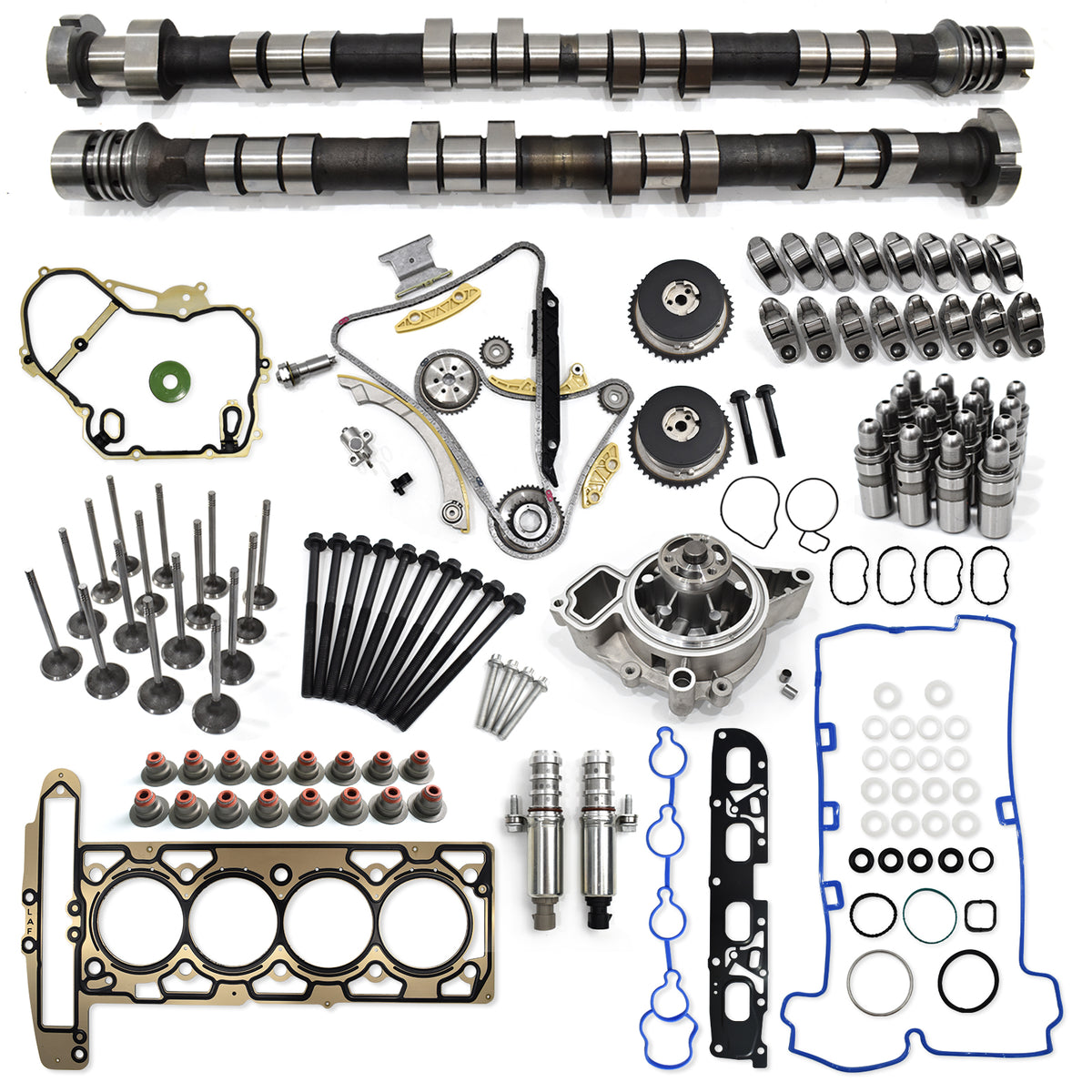 Btscar TLZKIT-038 master camshaft overhaul kit featuring VVT sprockets, timing chain, water pump, and gaskets for GM 2.4L.