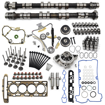 Btscar TLZKIT-038 master camshaft overhaul kit featuring VVT sprockets, timing chain, water pump, and gaskets for GM 2.4L.