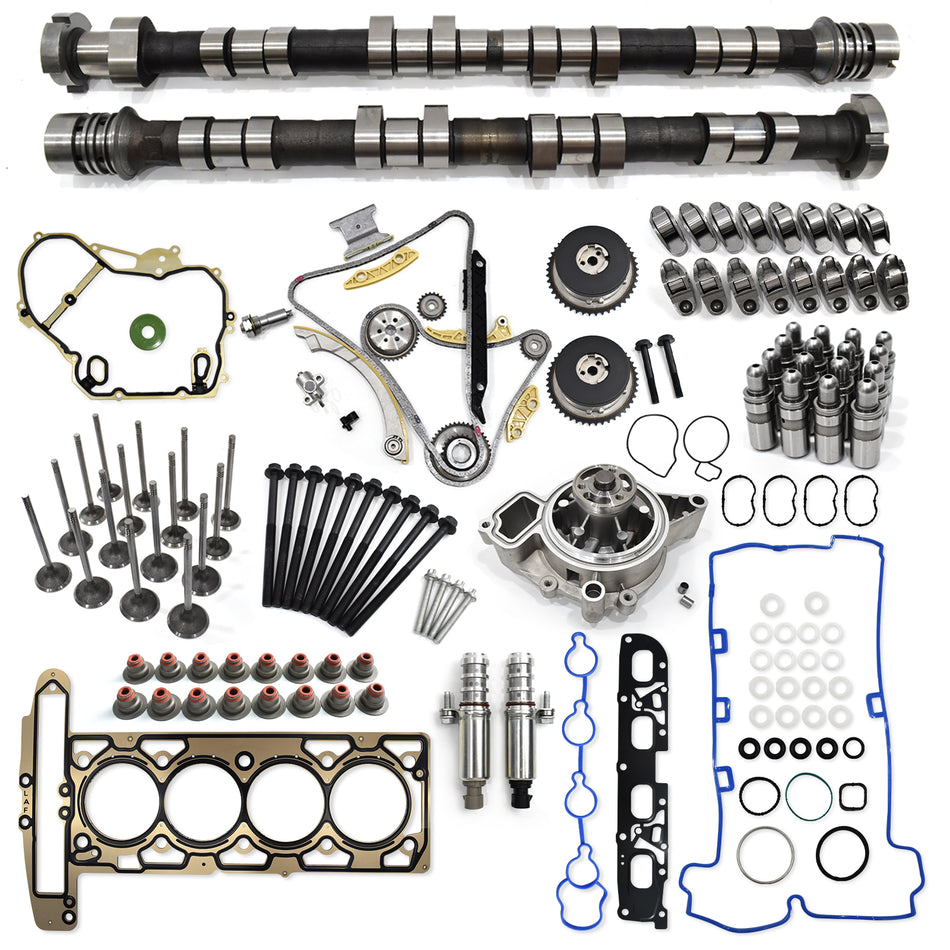 Btscar TLZKIT-038 master camshaft overhaul kit featuring VVT sprockets, timing chain, water pump, and gaskets for GM 2.4L.