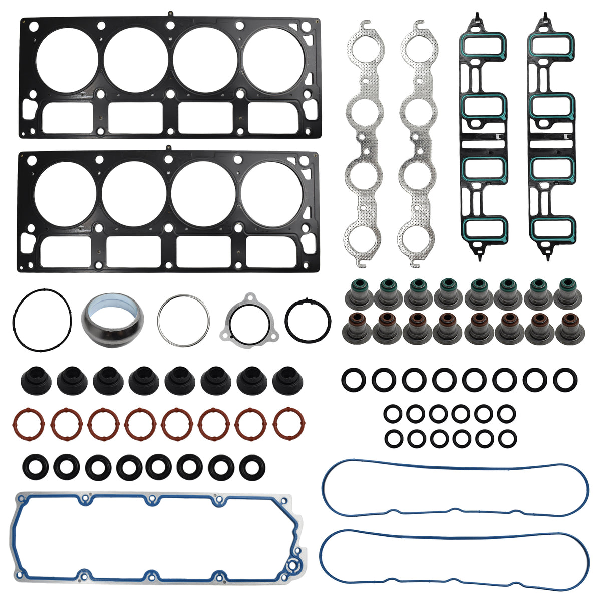 Btscar TLZKIT-070 comprehensive engine gasket set including head gaskets, valve cover seals, and manifold gaskets for 6.0L V8 trucks.