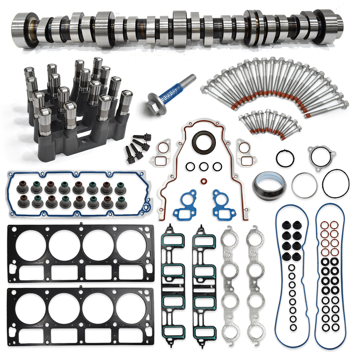 Btscar TLZKIT-070 complete 6.0L V8 non-AFM camshaft overhaul kit featuring lifters, head gaskets, and bolts for Chevy GMC HD trucks.