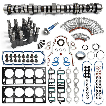 Btscar TLZKIT-070 complete 6.0L V8 non-AFM camshaft overhaul kit featuring lifters, head gaskets, and bolts for Chevy GMC HD trucks.