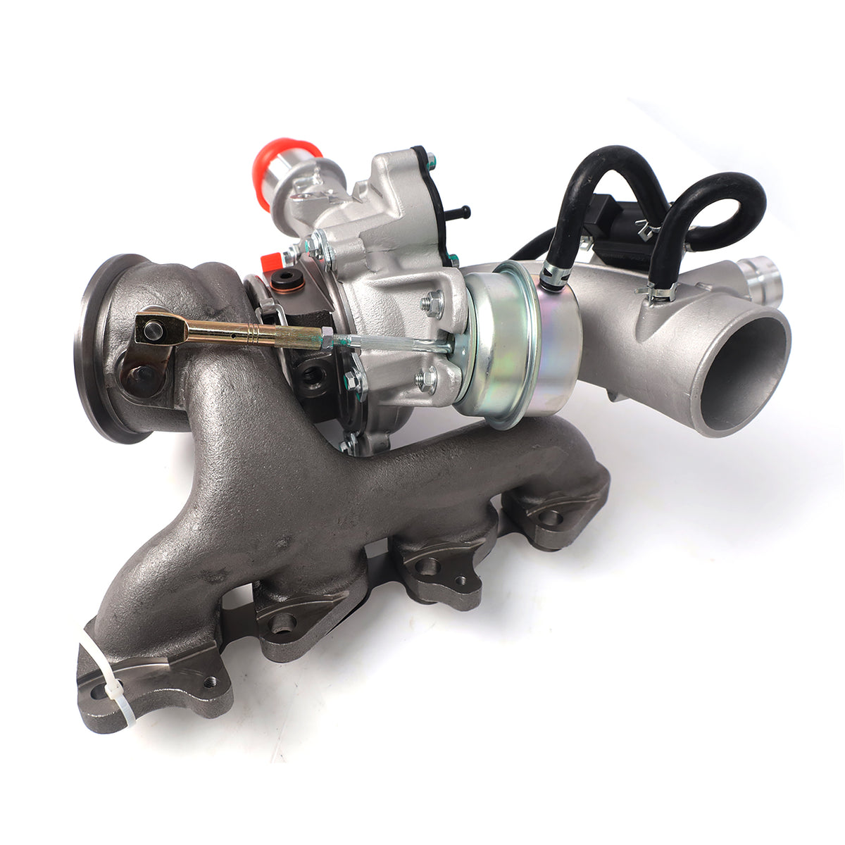 Btscar WLZY-001 front view of the replacement turbocharger and exhaust manifold assembly for 2011-2020 Chevy Buick 1.4L Ecotec.