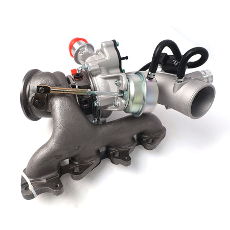 Btscar WLZY-001 front view of the replacement turbocharger and exhaust manifold assembly for 2011-2020 Chevy Buick 1.4L Ecotec.