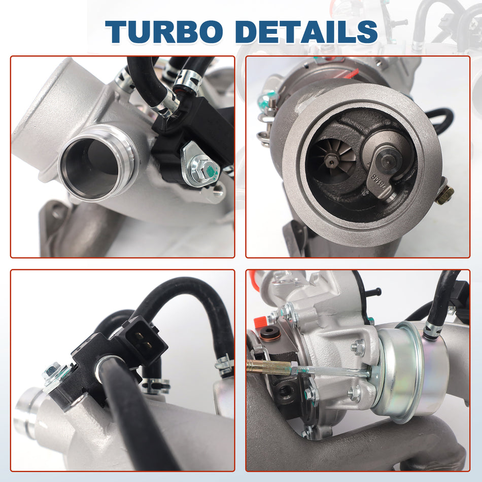 Btscar WLZY-001 turbocharger details showing wastegate actuator, turbine wheel, and high-quality cast iron manifold for 1.4L Ecotec engines.