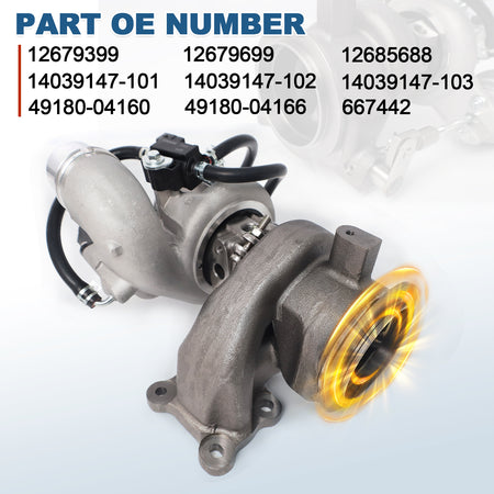 Btscar WLZY-002 replacement turbocharger assembly highlighting OE part numbers for 1.5L Chevy Equinox GMC Terrain.